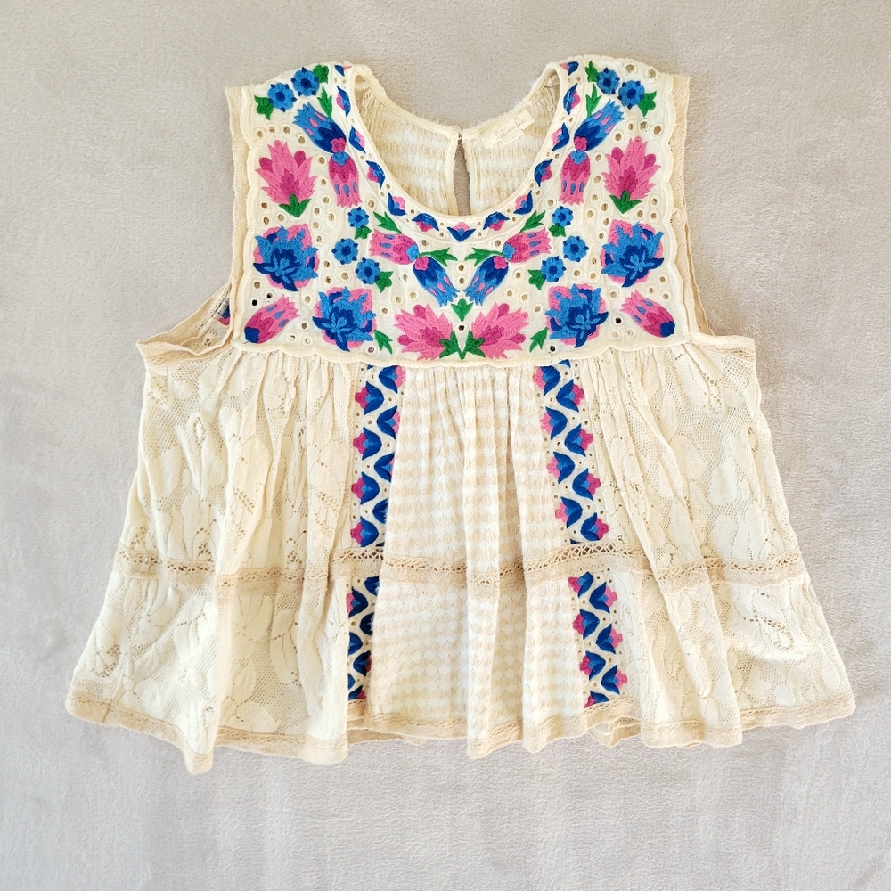 Let Me Be Floral Embroidered Sleeveless Babydoll Top L